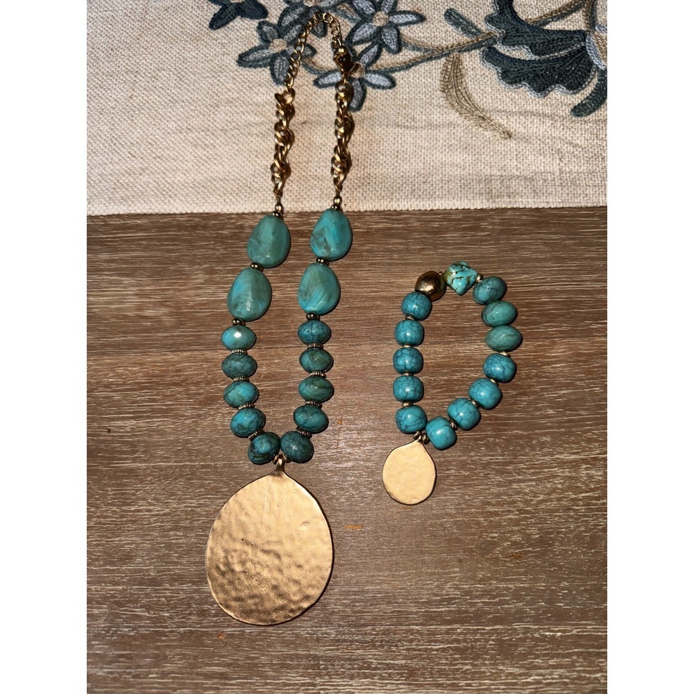 Chico's Turquoise Necklace Bracelet‎ Set Gold Tone Pendant Boho Jewelry